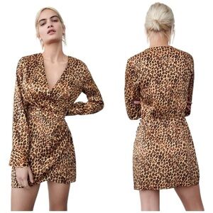 ZARA Leopard Print Long Sleeve Wrap Mini Dress Size L Satin Look Animal Print